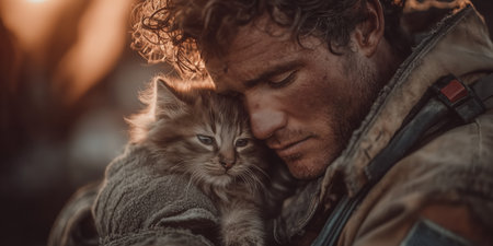 A firefighter rescued a cat from a fire. Close up Male Firefighter in Full Gear Ready for Duty, Standing in Front of a camera. Portrait of a Brave. High qualityの素材