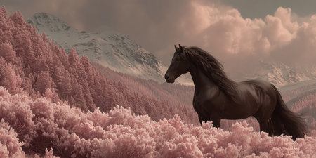 Black beautiful horse running forward on red background, concept of freedom of life pleasure. High qualityの素材