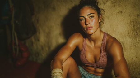 Beautiful girl boxer, sport concept, healthy lifestyle, for advertising. Woman fighter looks at the camera, training in the boxing gym, a series of punches, front view. High quality photoの素材
