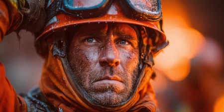 Close up Male Firefighter in Full Gear Ready for Duty, Standing in Front of a camera. Portrait of a Brave. High qualityの素材