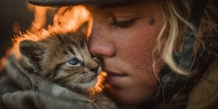 A female firefighter rescued a cat from a fire. Close up female Firefighter in Full Gear Ready for Duty, Woman Standing in Front of a camera. Portrait of a Brave. High qualityの素材