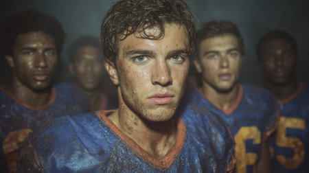 Portrait of professional American football player. Confident man in uniform. Usa team game extreme sport spirit concept. High quality photoの素材