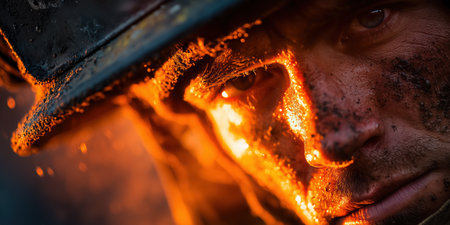 Close up Male Firefighter in Full Gear Ready for Duty, Standing in Front of a camera. Portrait of a Brave. High qualityの素材
