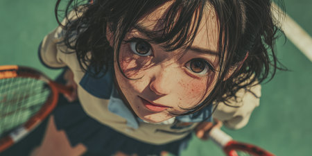 Young beautiful Asian girl on the tennis court, model, white tennis dress, old money, clothing style, girl portrait, tennis game, girl in tennis clothes Wimbledon, copy space. High qualityの素材