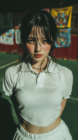 Young beautiful Asian girl on the tennis court, model, white tennis dress, old money, clothing style, girl portrait, tennis game, girl in tennis clothes Wimbledon, copy space. High qualityの素材