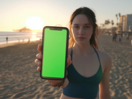 Mockup woman hand holding using smart phone with green blank screen, mobile app, advertising, online marketing, banner, business, technology, people contact, empty space, copy space. High qualityの素材