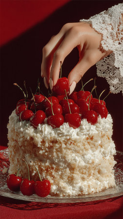 A hand puts two red cherries on a white cake close-up. red cake cherry and cream, food. High quality photoの素材