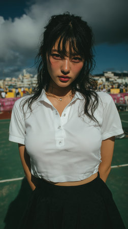 Young beautiful Asian girl on the tennis court, model, white tennis dress, old money, clothing style, girl portrait, tennis game, girl in tennis clothes Wimbledon, copy space. High qualityの素材