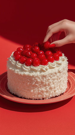 A hand puts two red cherries on a white cake close-up. red cake cherry and cream, food. High quality photoの素材