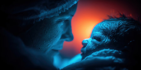 Mother holding her newborn baby close to her chest in a hospital room, providing warmth and comfort. newborn, wrapped in a striped shirt, is peacefully asleep. High quality photoの素材