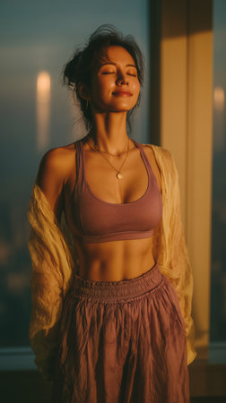 A girl in a sporty body, yoga, a girl after class, breathing exercises, a young beautiful girl doing yoga. High qualityの素材