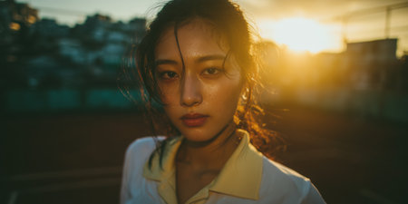 Young beautiful Asian girl on the tennis court, model, white tennis dress, old money, clothing style, girl portrait, tennis game, girl in tennis clothes Wimbledon, copy space. High qualityの素材