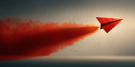 Paper airplane as a symbol, abstraction, concept of communication between people, new letter. a red paper plane on a plain light background. High qualityの素材