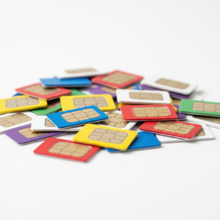 Sim cards for mobile phone. Call barring, card blocking, eSIM, rejection of physical SIM cards many sim cards stacked on the ground led each other in rows of different colors. High qualityの素材