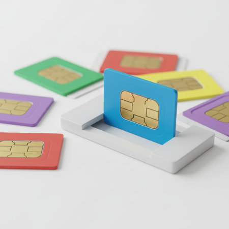 Sim cards for mobile phone. Call barring, card blocking, eSIM, rejection of physical SIM cards many sim cards stacked on the ground led each other in rows of different colors. High qualityの素材