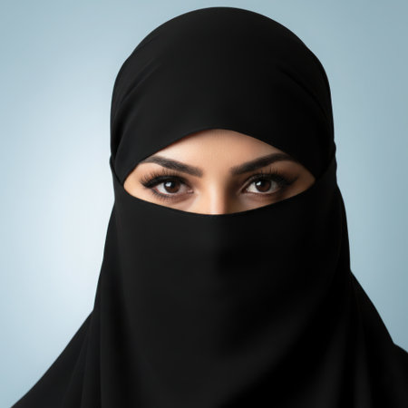 Beautiful Muslim woman in niqab, the woman eyes covered, black clothes on an Eastern woman, Islam, Ramadan holiday, Eastern people, people from the Caucasus. High qualityの素材