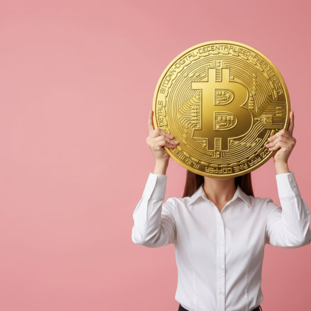 Girl and bitcoin, cryptocurrency, currency market, crypto market crash, a detailed and captivating view of a golden Bitcoin coin that beautifully reflects light. High qualityの素材