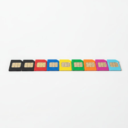 Sim cards for mobile phone. Call barring, card blocking, eSIM, rejection of physical SIM cards many sim cards stacked on the ground led each other in rows of different colors. High qualityの素材