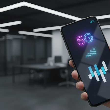 5G technology on the phone display, a new generation of cellular networks, AI connection via high-speed internet, fiber-optic communication, new-generation antennas, 5G icon. High qualityの素材