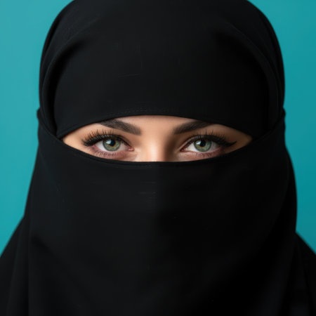 Beautiful Muslim woman in niqab, the woman eyes covered, black clothes on an Eastern woman, Islam, Ramadan holiday, Eastern people, people from the Caucasus. High qualityの素材