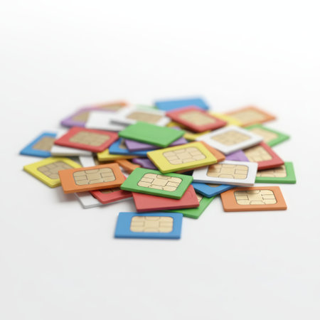Sim cards for mobile phone. Call barring, card blocking, eSIM, rejection of physical SIM cards many sim cards stacked on the ground led each other in rows of different colors. High qualityの素材