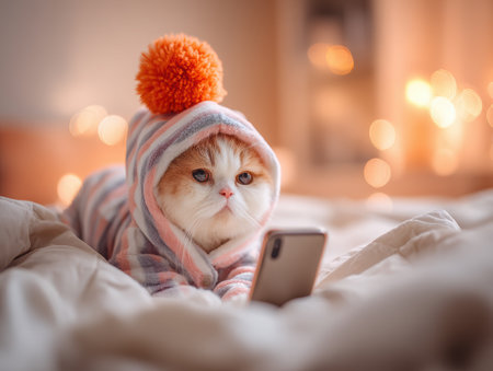 Social media addiction, the concept of endless social media scrolling, online life, a cat in pajamas, a cat scrolling through social media feeds while lying in bed, social media, online friends. High qualityの素材