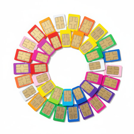 Sim cards for mobile phone. Call barring, card blocking, eSIM, rejection of physical SIM cards many sim cards stacked on the ground led each other in rows of different colors. High qualityの素材