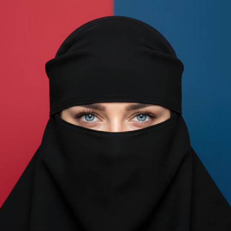 Beautiful Muslim woman in niqab, the woman eyes covered, black clothes on an Eastern woman, Islam, Ramadan holiday, Eastern people, people from the Caucasus. High qualityの素材