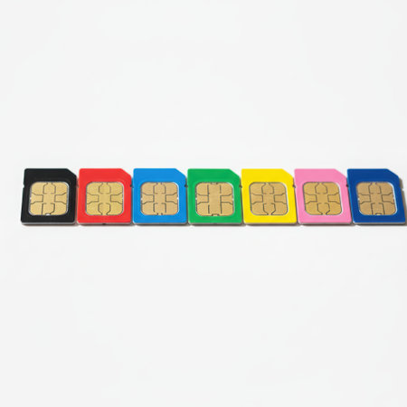 Sim cards for mobile phone. Call barring, card blocking, eSIM, rejection of physical SIM cards many sim cards stacked on the ground led each other in rows of different colors. High qualityの素材