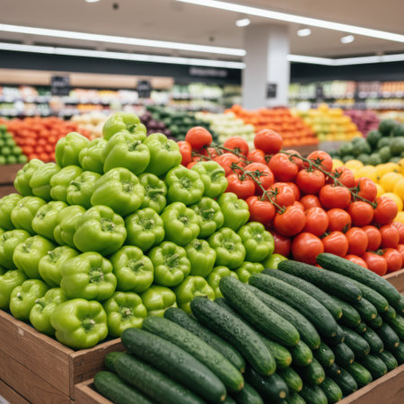 Closeup of tomatoes, cucumbers, sweet peppers, green bell peppers Ingredient for salad, diet food. Fresh tomatoes on display. greens are healthy food. Water drops on vegetables green. High qualityの素材