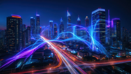 High-speed Internet in the city, Cellular antenna 5G technology, a new generation of cellular networks, AI connection, fiber-optic communication, new-generation antennas, 5G icon. High qualityの素材