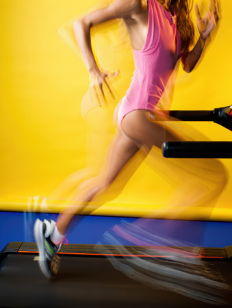 Runner on a treadmill, sport, running, girl on a treadmill, health, training, anaerobic exercise, jogging, new life, physical education, gym. High qualityの素材