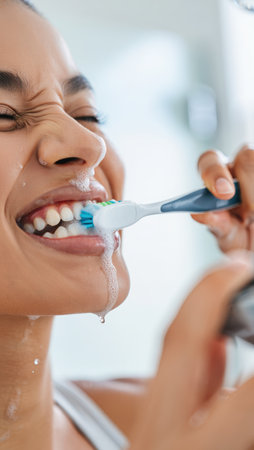 Brushing teeth with a toothbrush and toothpaste, Fresh breath, dental insurance, personal hygiene, brushing teeth in the morning, care from childhood, morning routine. High qualityの素材