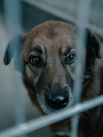 Dog behind bars, arrested dog, Shelter dogs, take a dog home, pets, shelter for dogs and cats, faithful friend for advertising, for banners. High qualityの素材