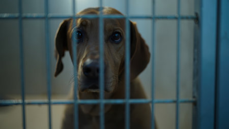 Dog behind bars, arrested dog, Shelter dogs, take a dog home, pets, shelter for dogs and cats, faithful friend for advertising, for banners. High qualityの素材