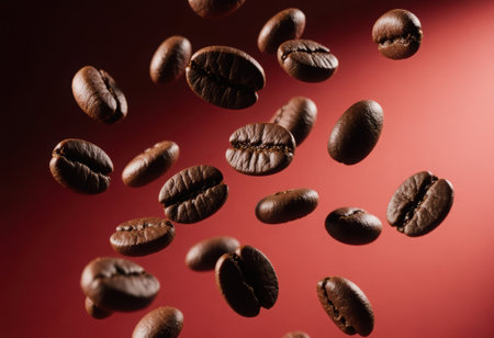 Freshly roasted coffee beans are captured in mid air, rich texture and deep brown color against warm background. This evokes sense of aroma and energy. High quality 4k footageの素材