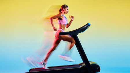 Runner on a treadmill, sport, running, girl on a treadmill, health, training, anaerobic exercise, jogging, new life, physical education, gym. High qualityの素材