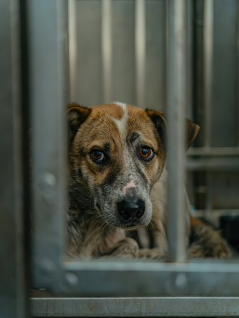 Dog behind bars, arrested dog, Shelter dogs, take a dog home, pets, shelter for dogs and cats, faithful friend for advertising, for banners. High qualityの素材