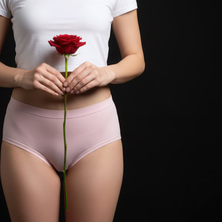 Periods of a beautiful girl, these days, red days, menstruation, hygiene, health care, women days, woman in menstrual panties female thrush. High qualityの素材