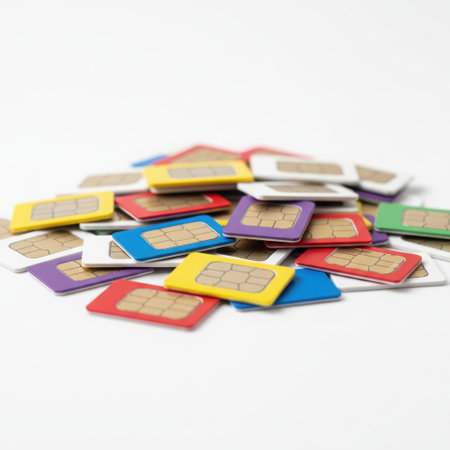 Sim cards for mobile phone. Call barring, card blocking, eSIM, rejection of physical SIM cards many sim cards stacked on the ground led each other in rows of different colors. High qualityの素材
