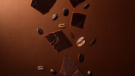 Close up of a delicious milk chocolate bar surrounded by coffee beans on a dark blue background. Perfect for themes related to sweets, desserts. Delicious Milk Chocolate Bar. High quality photoの素材