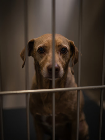 Dog behind bars, arrested dog, Shelter dogs, take a dog home, pets, shelter for dogs and cats, faithful friend for advertising, for banners. High qualityの素材