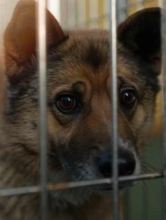 Dog behind bars, arrested dog, Shelter dogs, take a dog home, pets, shelter for dogs and cats, faithful friend for advertising, for banners. High qualityの素材