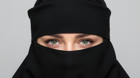 Beautiful Muslim woman in niqab, the woman eyes covered, black clothes on an Eastern woman, Islam, Ramadan holiday, Eastern people, people from the Caucasus. High qualityの素材