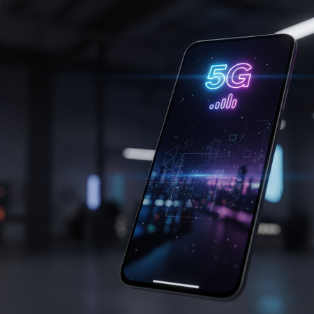 5G technology on the phone display, a new generation of cellular networks, AI connection via high-speed internet, fiber-optic communication, new-generation antennas, 5G icon. High qualityの素材