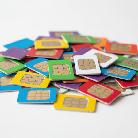 Sim cards for mobile phone. Call barring, card blocking, eSIM, rejection of physical SIM cards many sim cards stacked on the ground led each other in rows of different colors. High qualityの素材