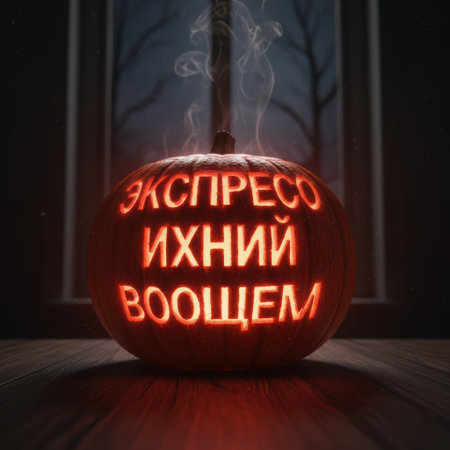 Happy Halloween holiday. A pumpkin with scary words in Russian that mean "espresso, their, in general" Pumpkin in the background, horror, Russian horror stories, Slavic horror. High qualityの素材