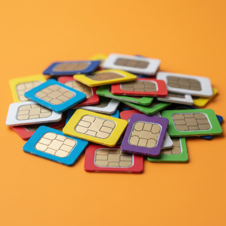 Sim cards for mobile phone. Call barring, card blocking, eSIM, rejection of physical SIM cards many sim cards stacked on the ground led each other in rows of different colors. High qualityの素材