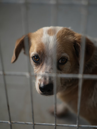 Dog behind bars, arrested dog, Shelter dogs, take a dog home, pets, shelter for dogs and cats, faithful friend for advertising, for banners. High qualityの素材