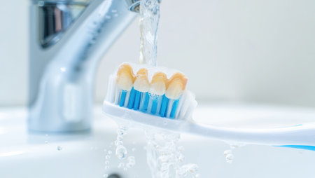 Brushing teeth with a toothbrush and toothpaste, Fresh breath, dental insurance, personal hygiene, brushing teeth in the morning, care from childhood, morning routine. High qualityの素材